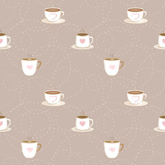 Vector - Abstract seamless pattern of cute hot coffee cup with heart logo on brown background. 