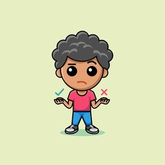 Cute boy thinking of choices. Yes or No cartoon illustration