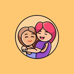 Cute two lovely happy best friends girls hugging cartoon illustration