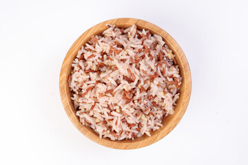 Cooked mixed low glycaemic index healthy rice grain basmati millet buckwheat red rice in wooden...