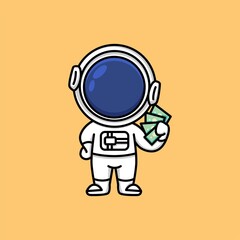 Cute astronaut with banknotes of money in his hands cartoon illustration