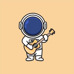 Cute astronaut holding acoustic guitar cartoon illustration