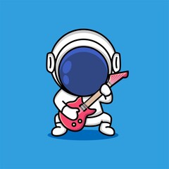 Cute astronaut rock musician is playing electrical guitar cartoon illustration