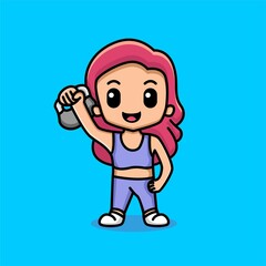 Cute woman holding a dumbbells cartoon illustration