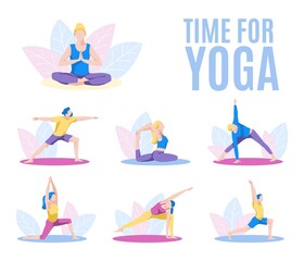Time for yoga banner. Various people practicing yoga and performing yoga postures set. Healthy lifestyle, workout class, fitness, sport concept flat vector illustration