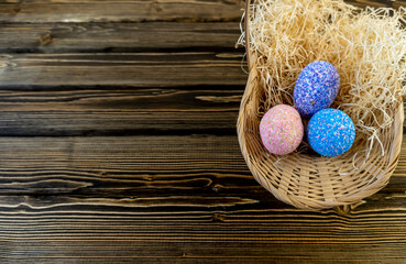 Happy easter! Flat Lay, Internet banner with Copy Space on Easter