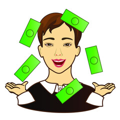 emoji with men that is taking a money shower with dollar signs in his eyes, simple colored emoticon on white  isolated background