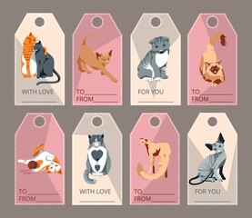 Collection of gift tags with lovely cats. Greeting, gift cards, postcards with cute pet cats of different breeds. Printable templates set cartoon vector illustration