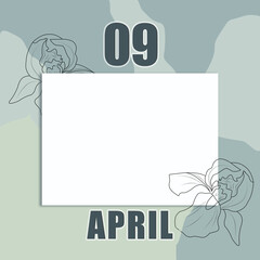 April 09. 09-th day of the month, calendar date.  A clean white sheet on an abstract gray-green background with an outline of iris flowers. Copy space, Spring month, day of the year concept