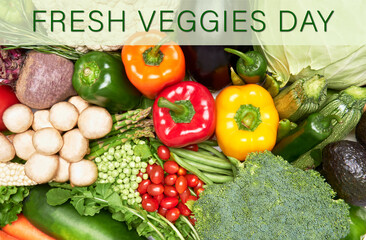 fresh veggies day photo to use in websites.Fresh veggies like, bell peppers, mushrooms, peas, corn.