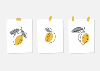 Fresh lemons print. Hand drawn line lemon illustration. Minimalism lemon. Poster with citrus fruits.