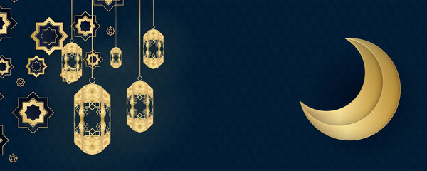 Blue gold ramadan ramadhan kareem background with moon lantern and islamic shapes