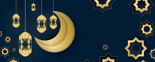 Blue gold ramadan sale, web header and banner design with hanging intricate lanterns, poster, ramadan greeting Card Illustration, background, flyer,illustration, brochure and sale background