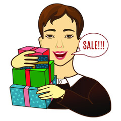 Young man carries a stack of wrapped multi-colored gifts and speaks sale, color vector illustration in retro style on white isolated background
