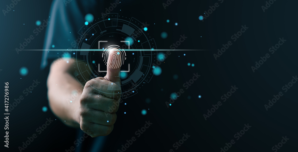 Poster futuristic digital processing of biometric identification fingerprint scanner. concept of surveillance and security scanning of digital programs cyber futuristic applications