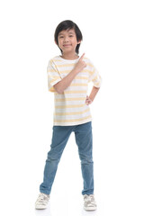 Fototapeta premium Cute Asian child pointing on white background isolated