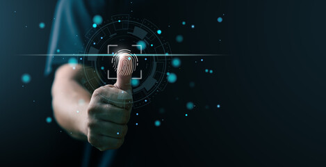 futuristic digital processing of biometric identification fingerprint scanner. concept of surveillance and security scanning of digital programs cyber futuristic applications