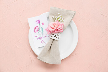 Fototapeta na wymiar Beautiful table setting for Mother's Day on color background