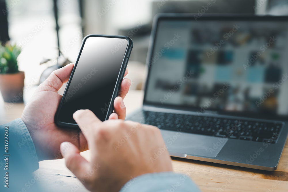 Poster man using smartphone. mobile phone screen mockup. cell phone blank screen for hand typing text, usin