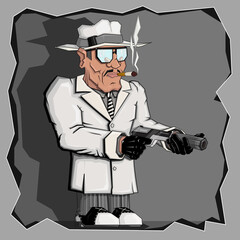 Gangster of The 30-th Years with a cigarette and a pistol. Vector illustration on a grey background.