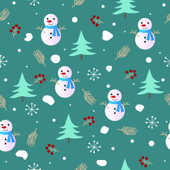 Christmas seamless pattern with snowman,christmas tree, snowflakes, snow, pine leaves and berries on green background,christmas vector illustration EPS.10