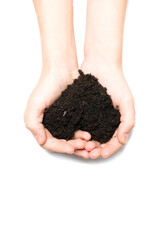 female hands holding in palms of fertile soil isolated on white