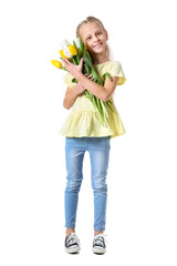 Cute little girl with spring flowers on white background