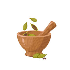 Pounding cardamom in wooden mortar. Vector illustration cartoon flat icon isolated on white background.