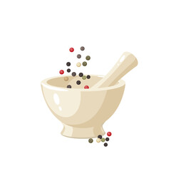 Pounding peppercorn mix in porcelain mortar. Vector illustration cartoon flat icon isolated on white background.