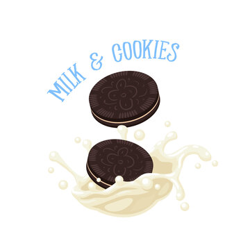 Dark cookie sandwich in milk splash burst. Vector illustration cartoon flat icon isolated on white background.
