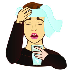 upset man feeling bad or sick, head tied with a towel and holding his head in pain, guy going to take a headache remedy, vector illustration