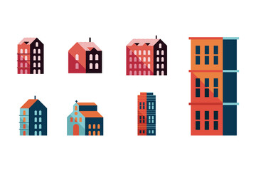 Fototapeta premium bundle of seven buildings minimal city set icons