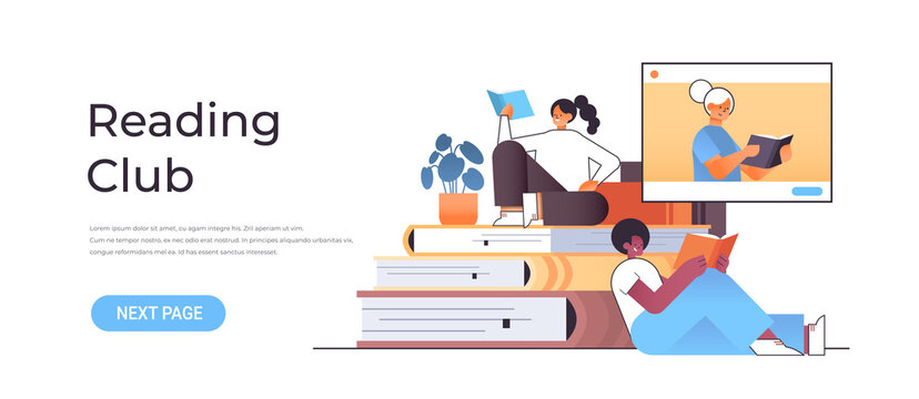 mix race students couple reading books with female senior teacher in web browser window online book club concept horizontal copy space vector illustration