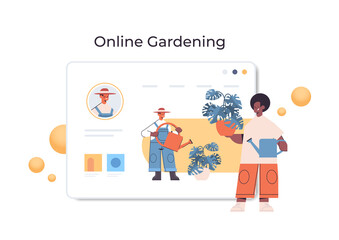 african american man gardener with watrering can pouring plants while watching virtual courses online gardening concept full length horizontal vector illustration