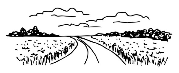 Simple hand-drawn vector drawing in black outline. Rural panoramic landscape, road, field, clouds in the sky, trees on the horizon. For labels, packaging. Ink sketch. Countryside, nature.
