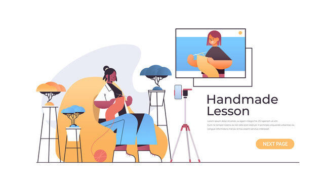 woman learning to knit while watching video course with female teacher in web browser window online handmade lesson concept horizontal copy space vector illustration