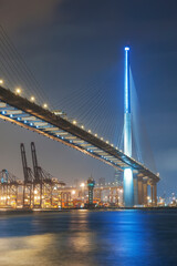Fototapeta na wymiar Cargo port and bridge in Hong Kong city at night