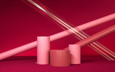 Showcase, podium, stand of stairs, golden arches for advertising, presentation of goods, products. 3d render, abstract composition, background with geometric objects and shadow on the wall. 