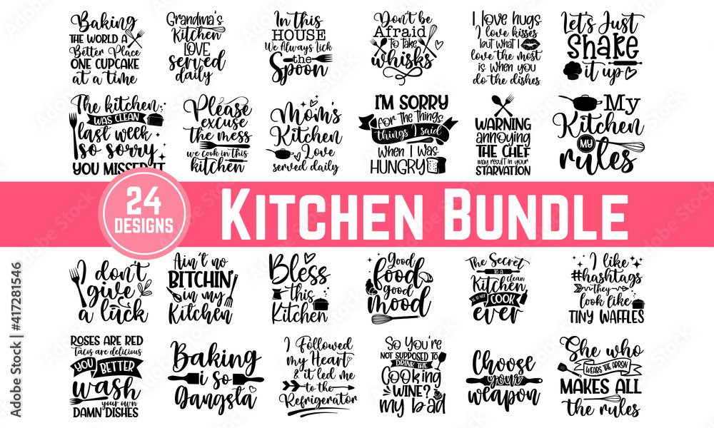 Sticker Hand drawn kitchen quotes set, Inspirational vector typography, Wall decor art prints collection, decoration isolated on white background