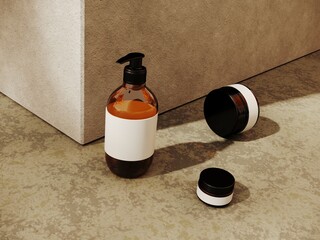 Premium podium, stand, platform with shadow on the wall for advertising products. Composition of geometric objects -3D render.Mock up for presentation cosmetic products, spa, body care bottle. 