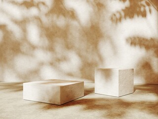 Premium podium, stand, platform with shadow on the wall for advertising products. Composition of geometric objects -3D render.Mock up for presentation cosmetic products, spa, body care bottle. 