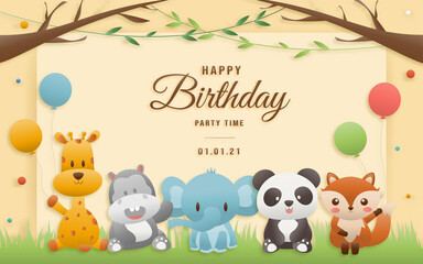 Fototapeta na wymiar Birthday, animals card. Greeting cards with cute safari or jungle animals giraffe, elephant, hippo, panda, fox party in the tropical forest. Template invitation paper art style vector illustration