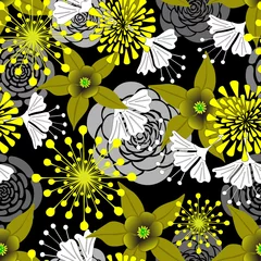 Rolgordijnen Seamless floral pattern, vector. Hand draw yellow and grey wildflowers, on black background. © NATALYA