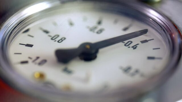 Macro Shot Of Air Compressor Gauge Measuring Compressed Air, Industrial Machinery Instrument