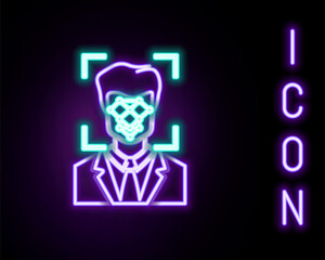 Glowing neon line Face recognition icon isolated on black background. Face identification scanner icon. Facial id. Cyber security concept. Colorful outline concept. Vector.