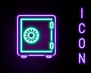 Glowing neon line Safe icon isolated on black background. The door safe a bank vault with a combination lock. Reliable Data Protection. Colorful outline concept. Vector.