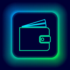 Obraz premium Glowing neon line Wallet icon isolated on black background. Colorful outline concept. Vector.