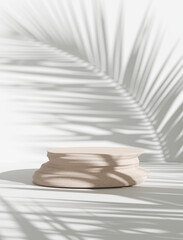 Brown stone product display podium with shadow nature leaves on white background. 3D rendering