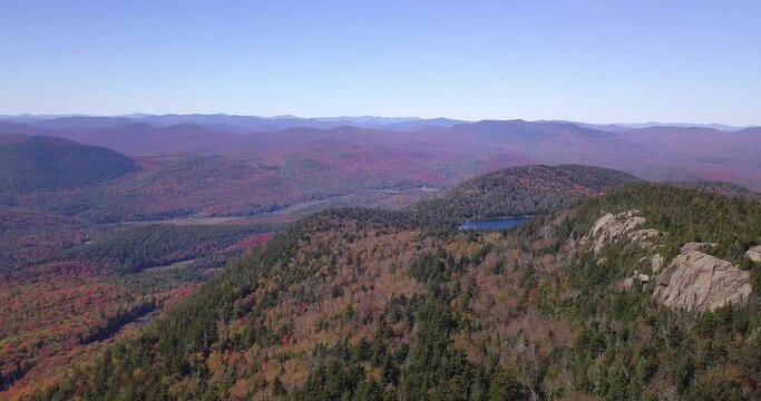 Aerial View of Crane Mountain, Adirondacks New York State USA. Lake and Colorful Landscape. Drone Shot