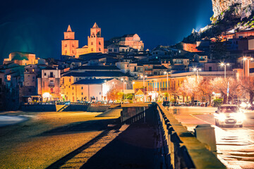 Сharm of the ancient cities of Europe. Illuminated night scene of Cefalu town with Piazza del Duomo. Attractive summer seascape of Mediterranean sea. Fantastic landscape of Sicily, Italy, Europe.